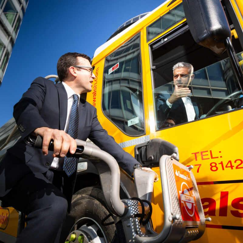 Mayor Sadiq Khan in 5* Direct Vision Standard lorry next to Walking and Cycling commissioner Will Norman