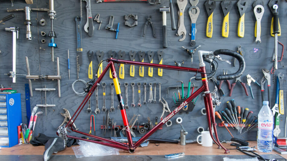 Bike frame in bike mechanic workshop