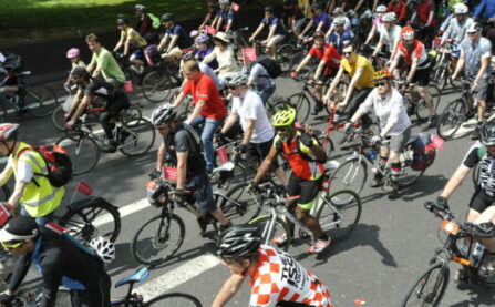 People cycling on LCC protest ride Love London Go Dutch