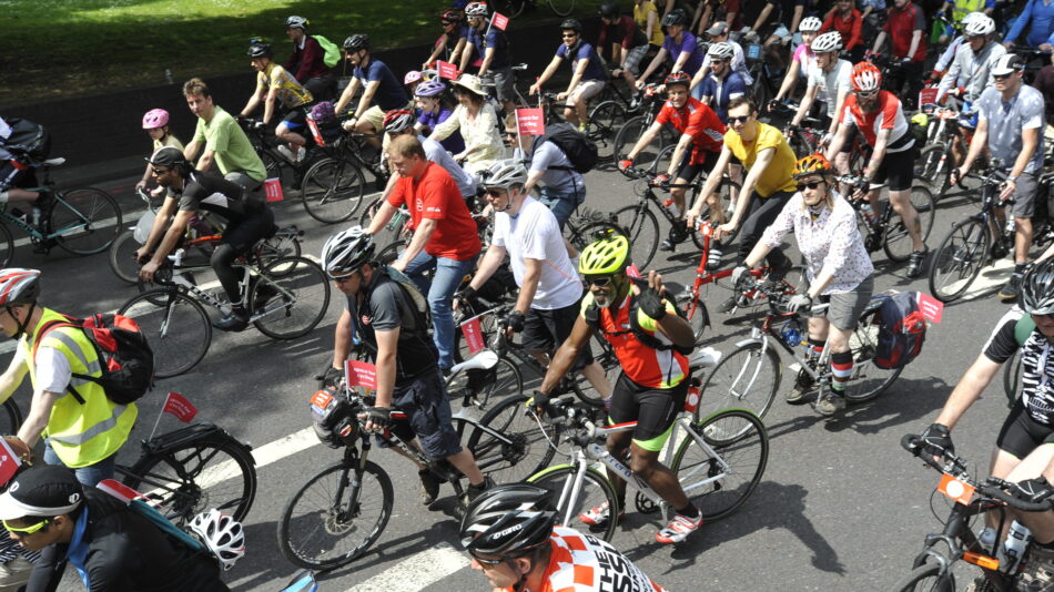 People cycling on LCC protest ride Love London Go Dutch