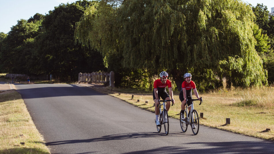 LCC challenge event team jersey worn by Toby cycling in park