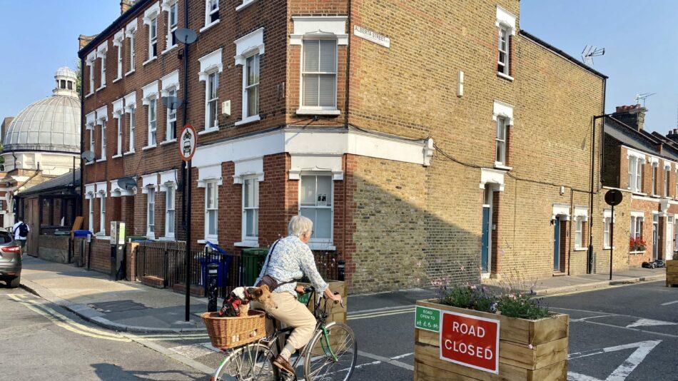Woman with dog in basket cycling past an LTN planter