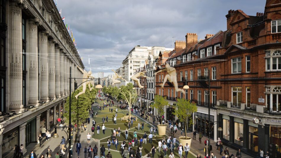 Visualisation by Mayor of pedestrianised Oxford St from 2017 - shows street from above full of people and trees