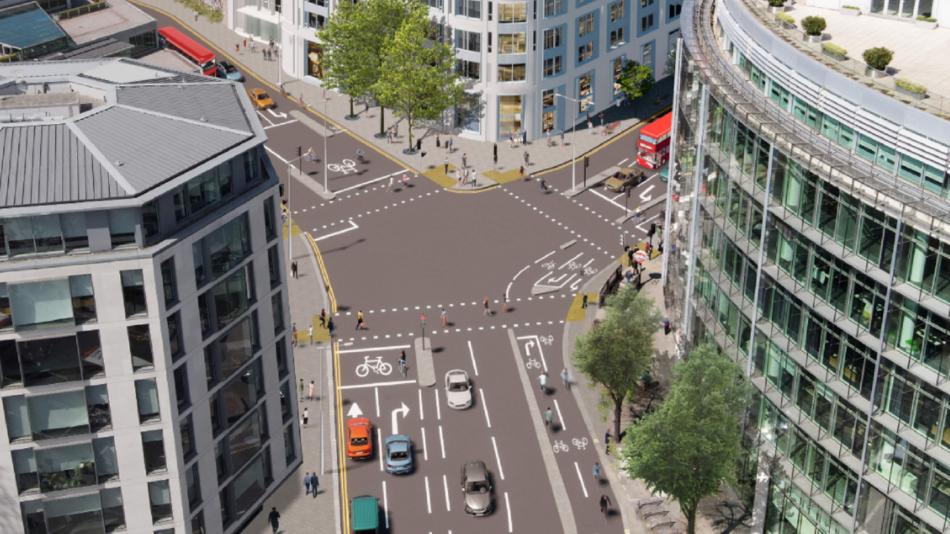Visualisation of Newgate / ST Martin LE Grand junction from above with cycle tracks