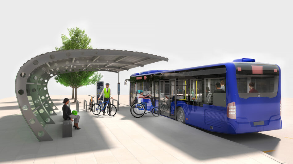 TfL visualisation of handcycle user wheeling onto a proposed Silvertown Tunnel shuttle bus for cycling