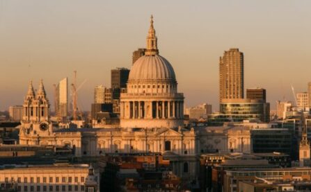 St Pauls Cathedral seen over the rooftops at sunset